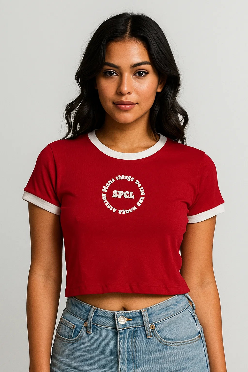 CAMISETA MUJER SLIM CORTA ROJA BLANCO